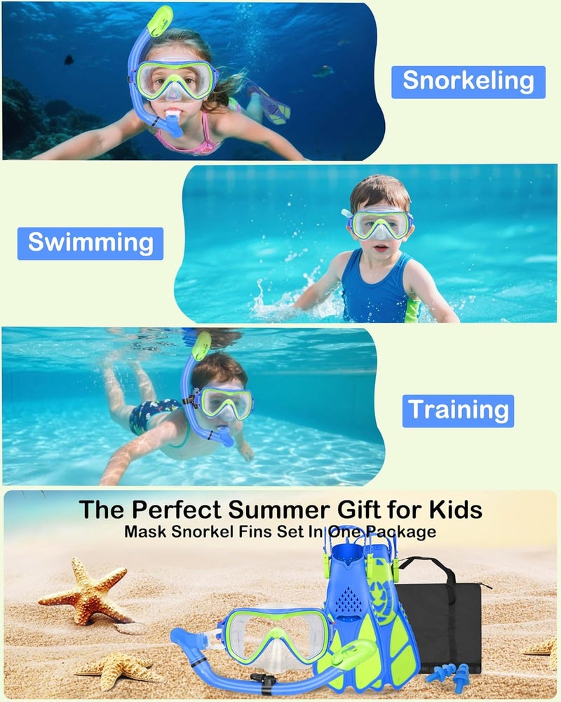 FosDero Kids Snorkel Set Mask Fins-Panoramic Snorkel Mask+Dry Top Snorkel+Adjustable Swim Fins+Mesh Bag+Earplugs for Boys Girls, Junior Snorkeling Gear for Kids Ages 5-14 - Image 2